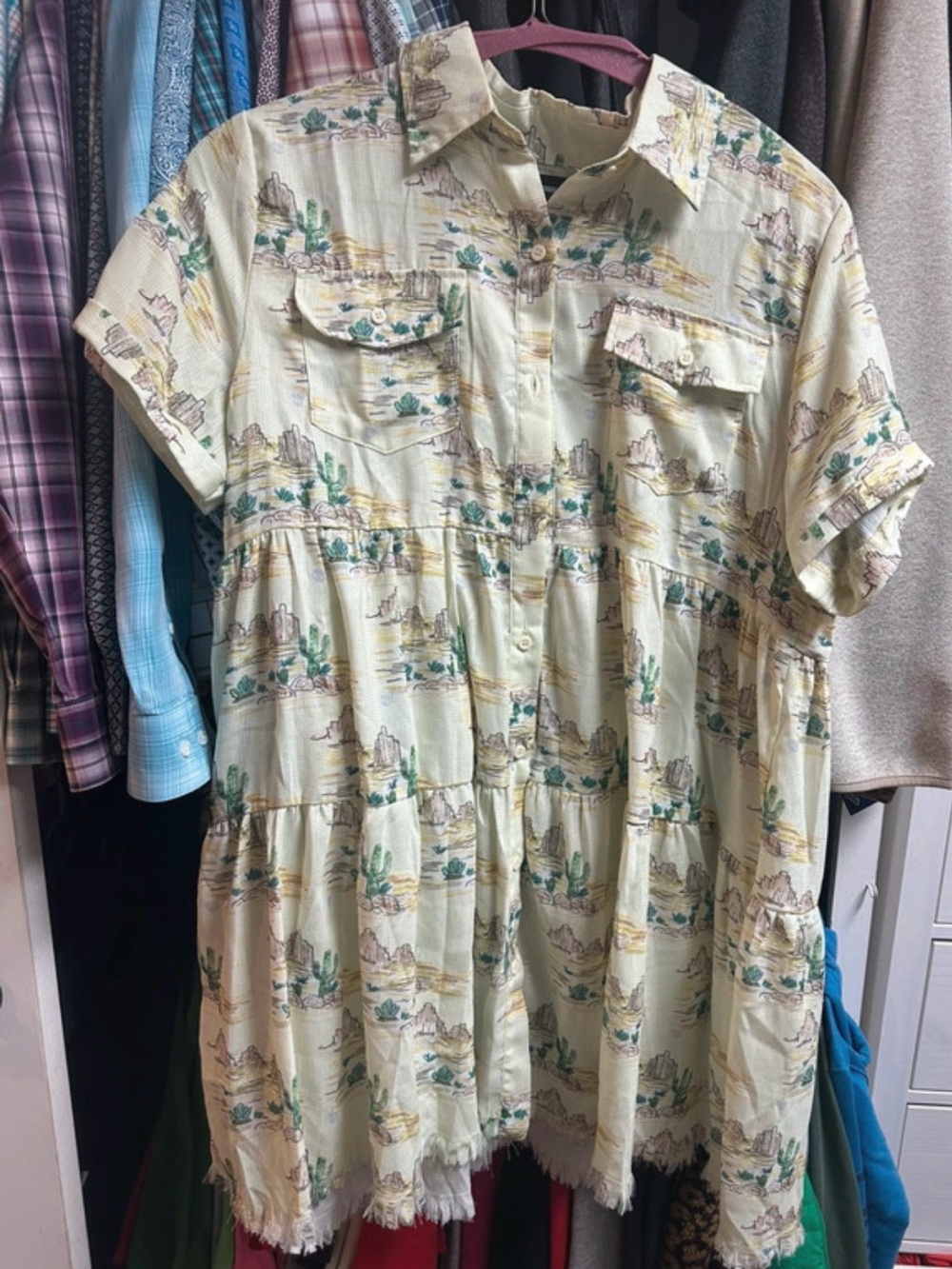 Women's Cream Desert-Print Tiered Shirt Dress